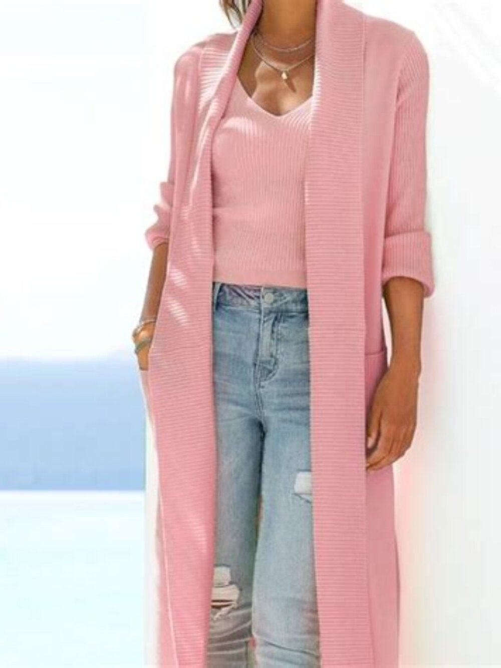 LASCANA Women's Long Knit Cardigan - Rose NWT